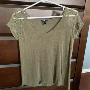Army green v-neck with lace shoulders
